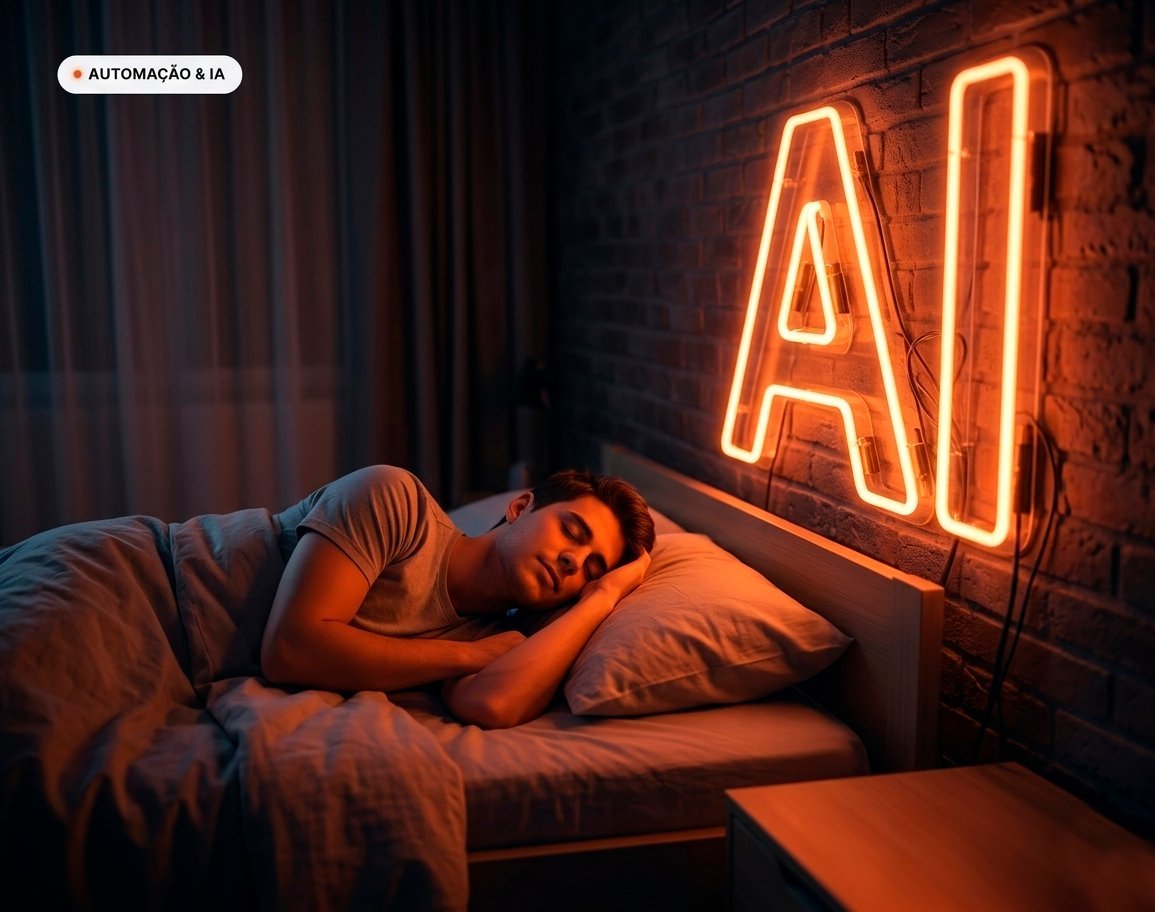 Pessoa dormindo com letreiro de neon AI iluminado ao fundo, ilustrando automação trabalhando enquanto você dorme.