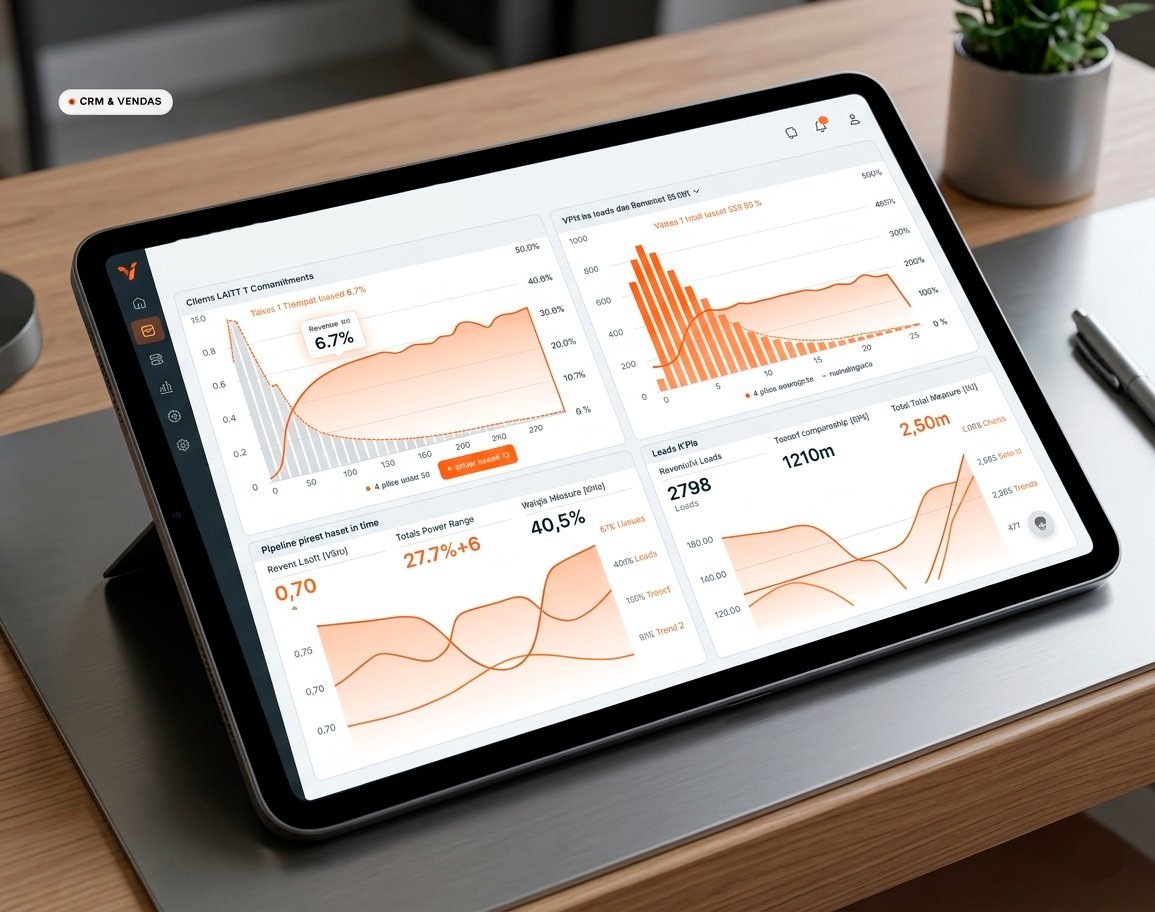 Dashboard de CRM com gráficos de pipeline de vendas e métricas em tempo real.