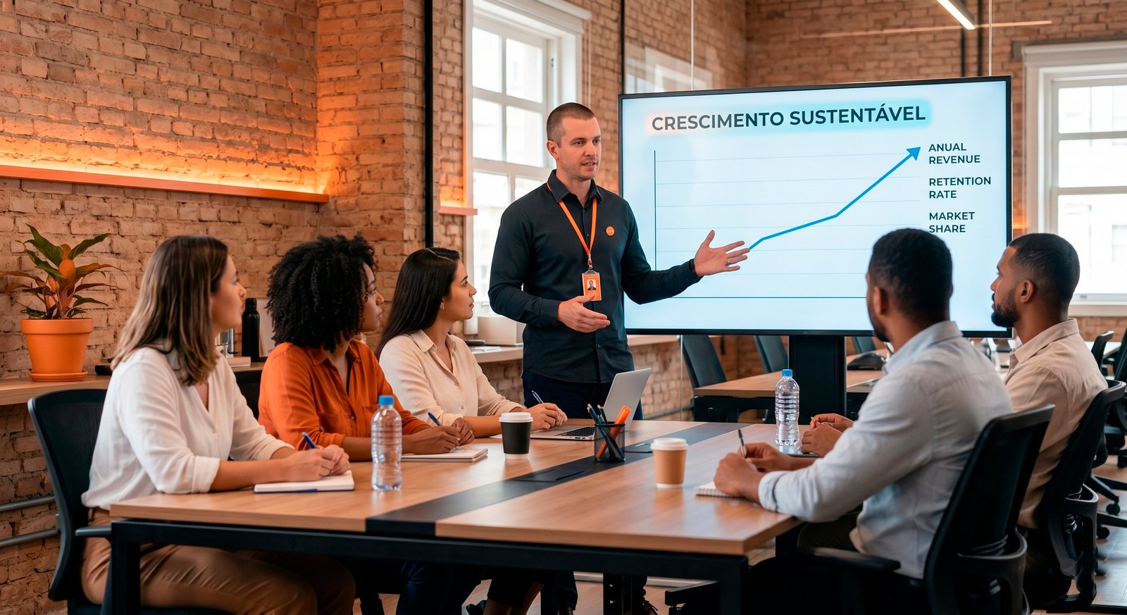 Equipe em reunião com apresentação de crescimento sustentável em gráfico ascendente.